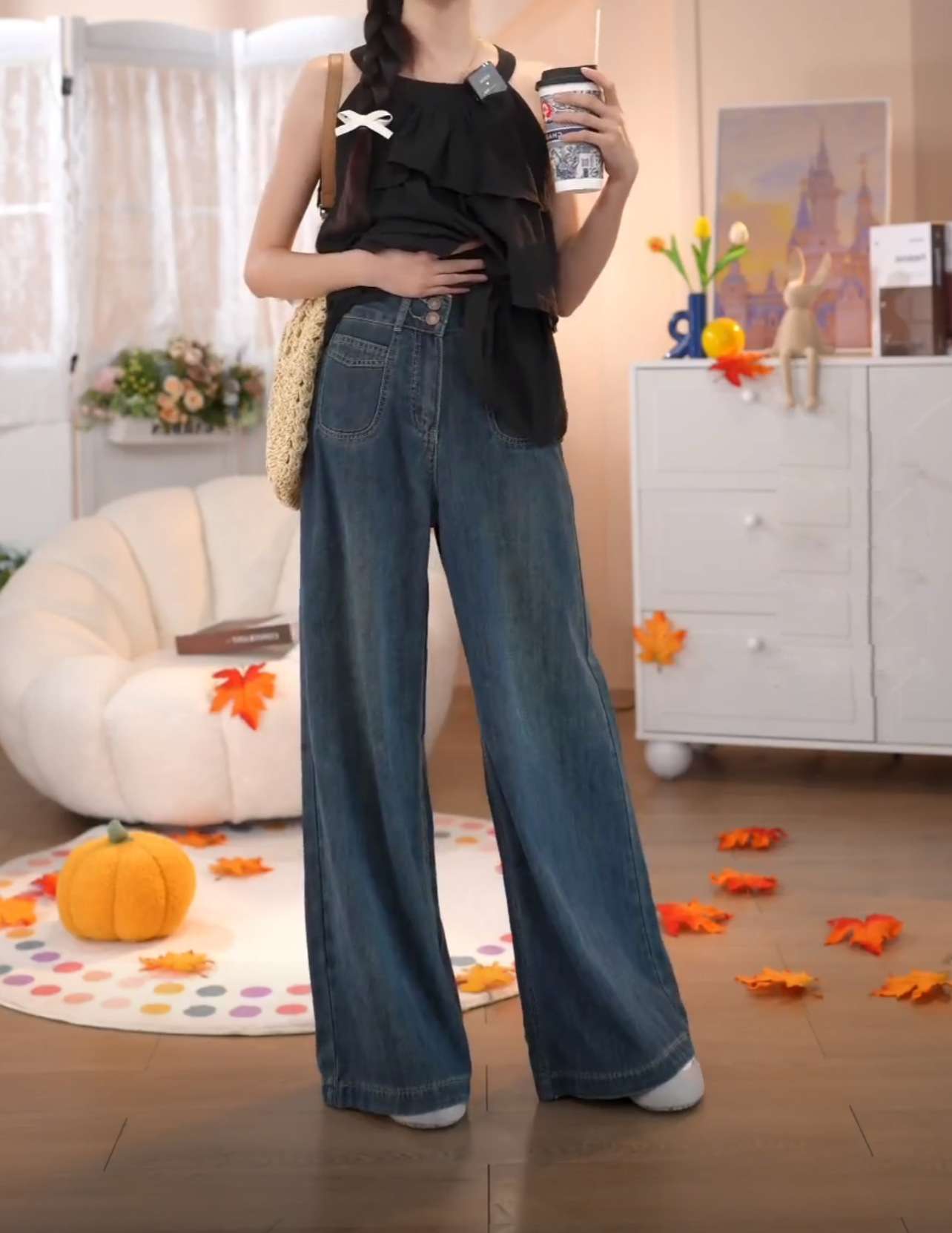 カジュアルコーデ  ワイドレッグデニムパンツ 秋冬カジュアル