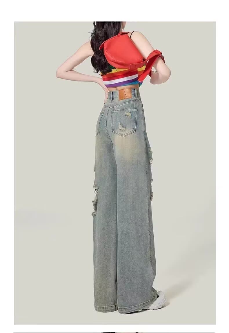カジュアルコーデ カジュアルコーデ ダメージ加工ワイドデニムパンツ