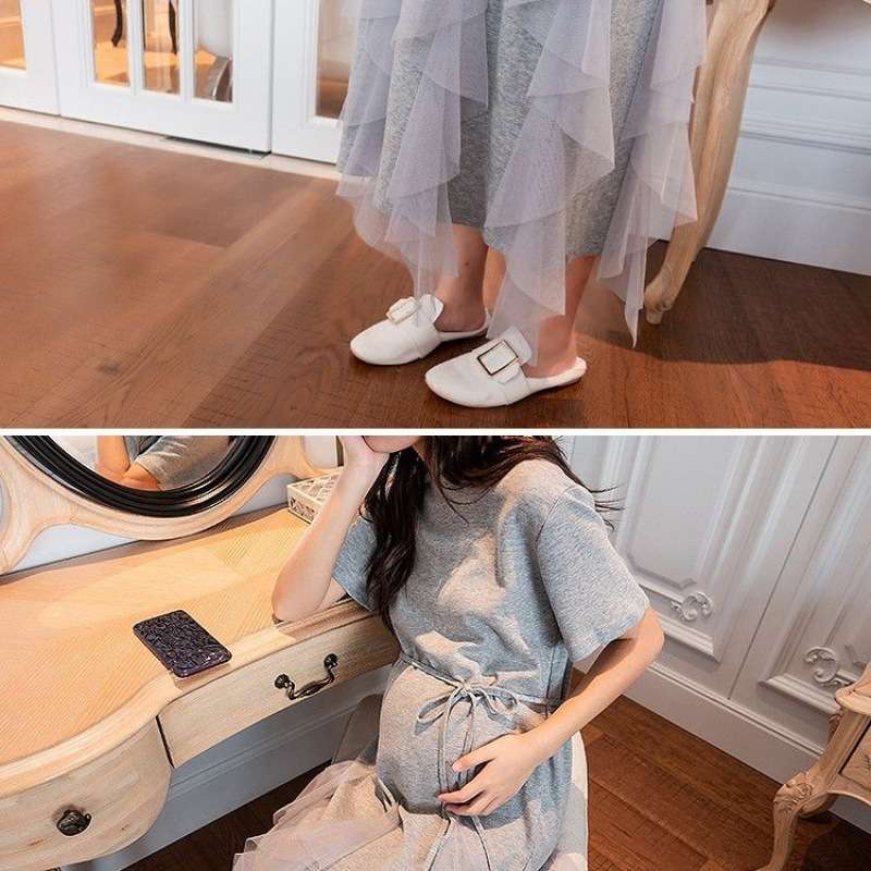 カジュアルコーデ  チュールレイヤード半袖マキシワンピース