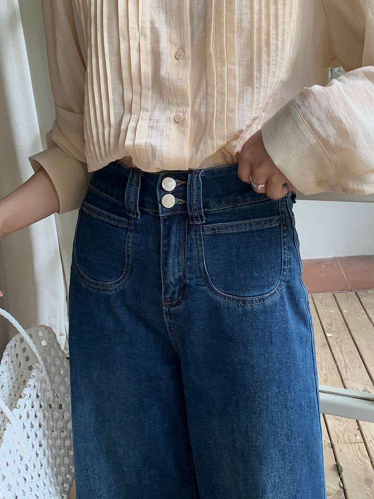 カジュアルコーデ  ハイウエストワイドレッグデニムパンツ