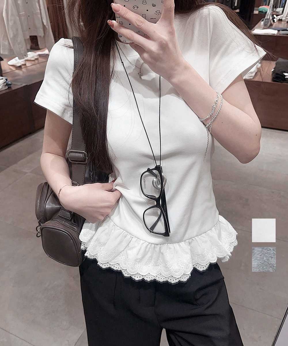 カジュアルコーデ 裾レース切替 半袖トップス カジュアル夏服