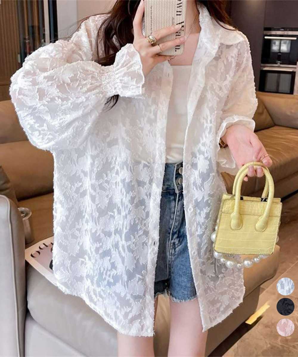 カジュアルコーデ 花柄シアーシャツ ゆったり羽織り