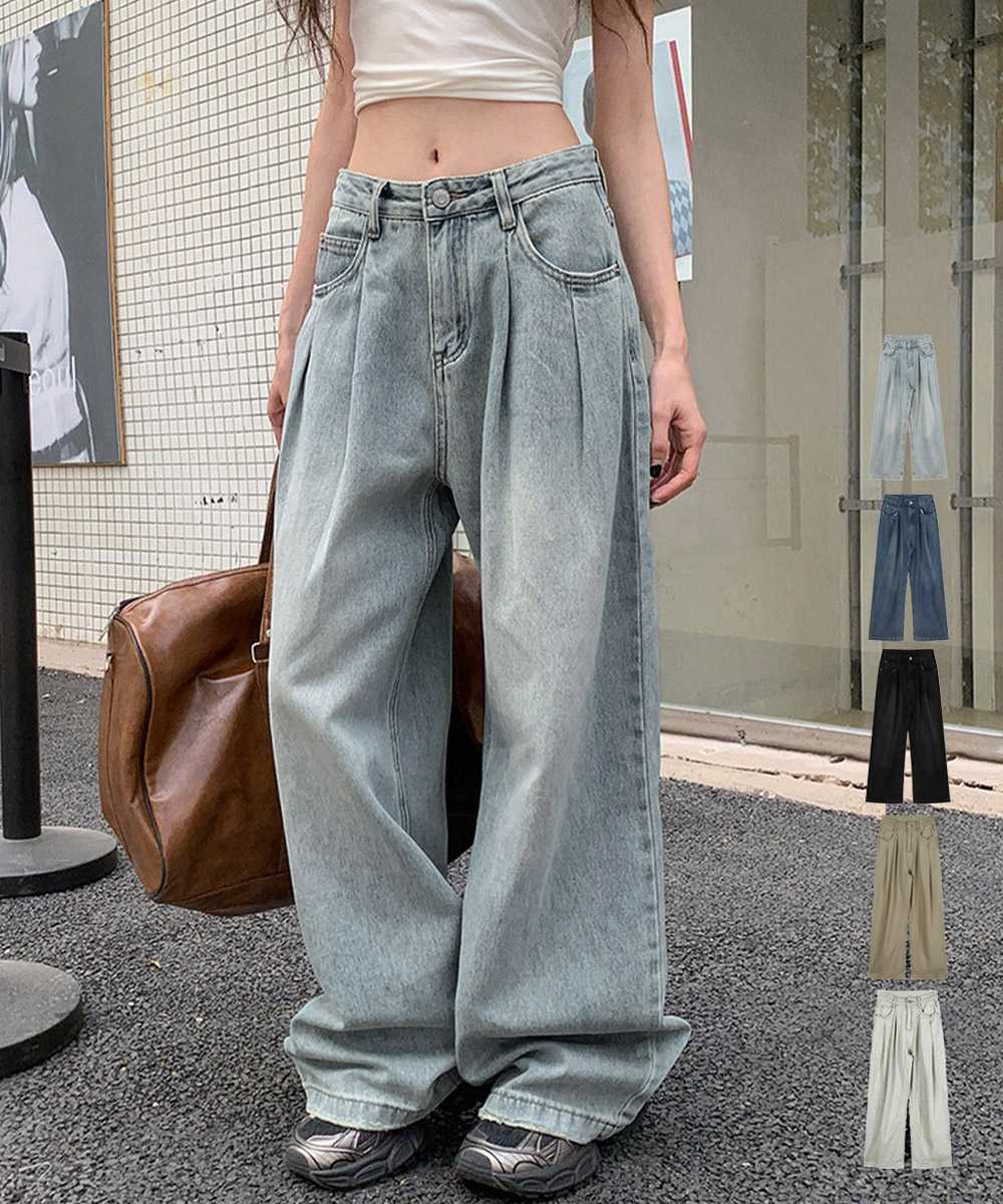 カジュアルコーデ タック入り美脚ワイドデニムパンツ
