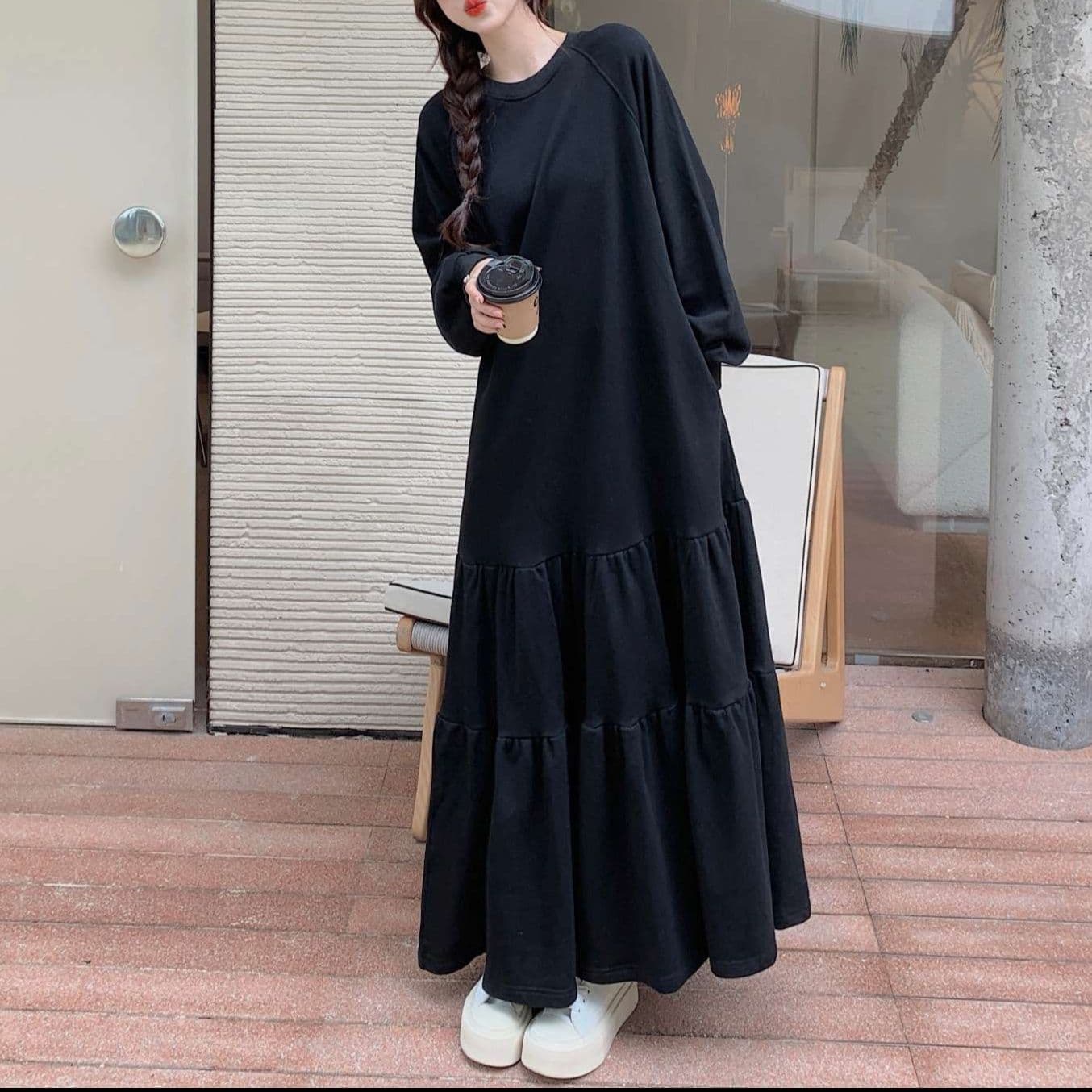 カジュアルコーデ ティアードロングワンピース