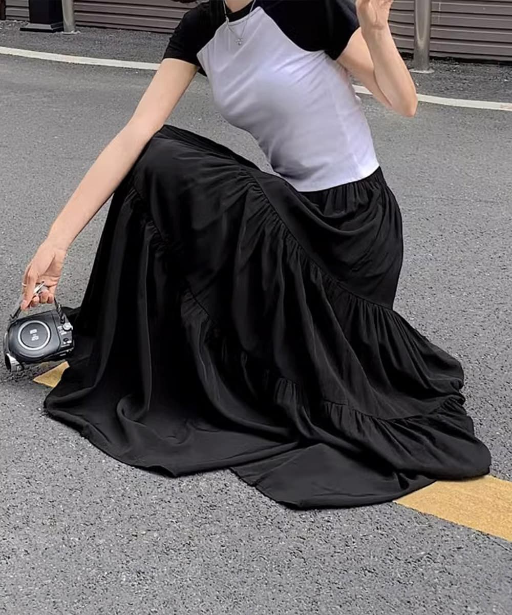 カジュアルコーデ ティアードマキシスカート 春夏 体型カバー