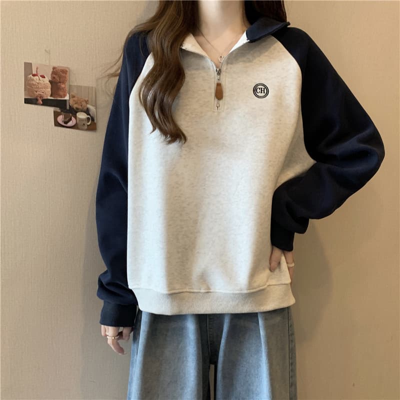 カジュアルコーデ 女性用長袖配色スウェット ハーフジップ おしゃれトップス