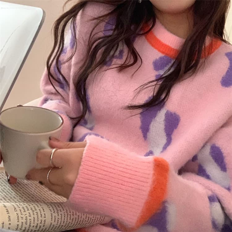 カジュアルコーデ 豹柄ニット レトロゆったりセーター 厚手カジュアル