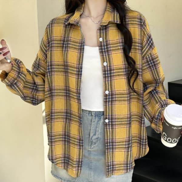 カジュアルコーデ チェック柄長袖シャツ レディース襟付きカジュアル