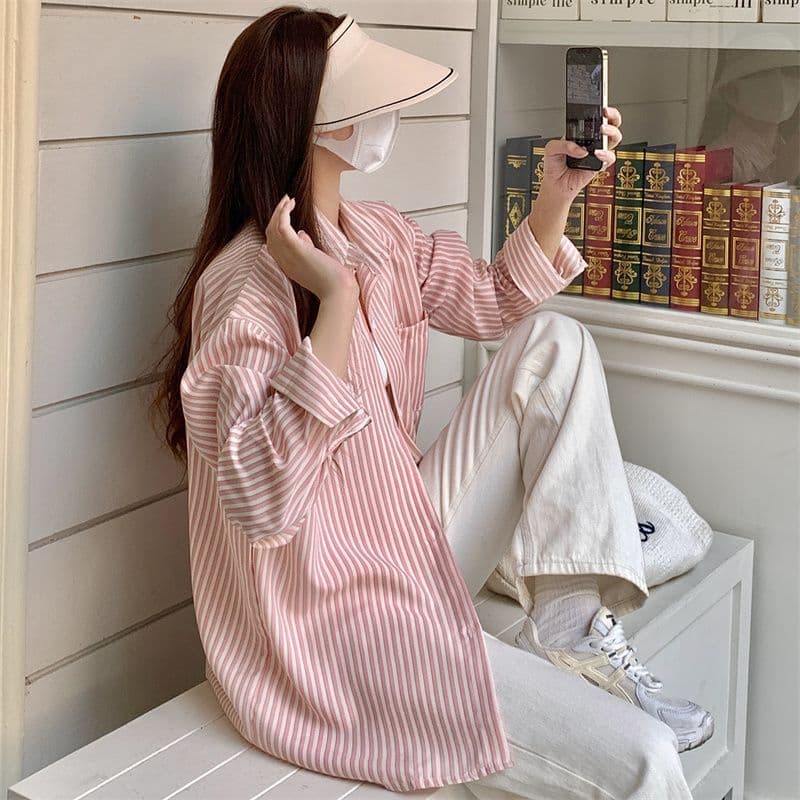 カジュアルコーデ カジュアルコーデ 爽やか縦縞オーバーサイズシャツ