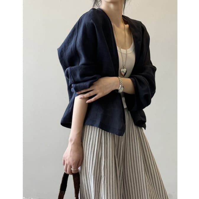 カジュアルコーデ 春夏 綿麻 薄手 ノーカラージャケット レディース
