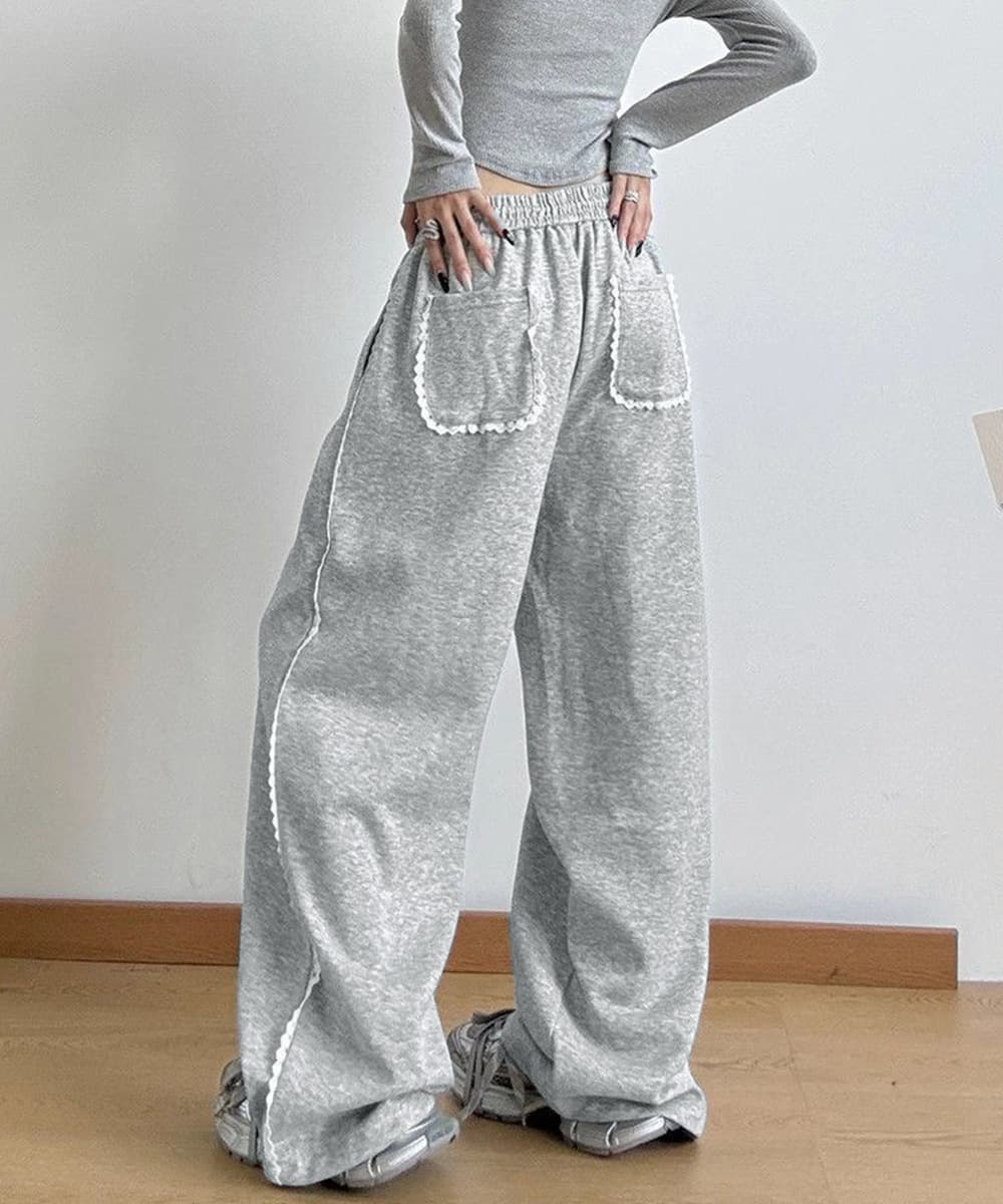 カジュアルコーデ レース装飾スウェットパンツ 女性用ゆったりパンツ