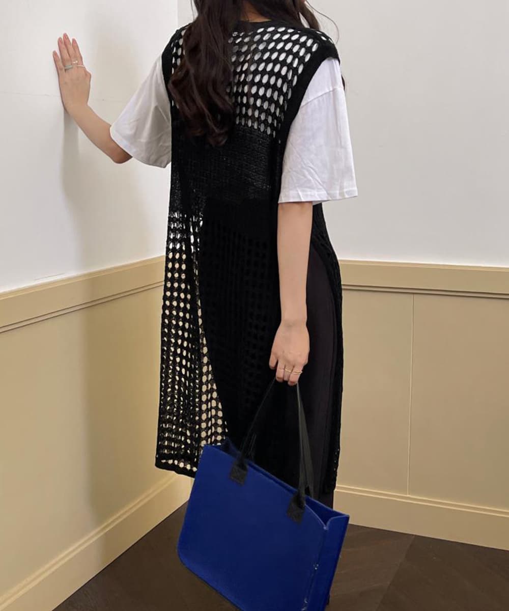カジュアルコーデ 透かし編みロングベスト サイドスリット トップス 夏