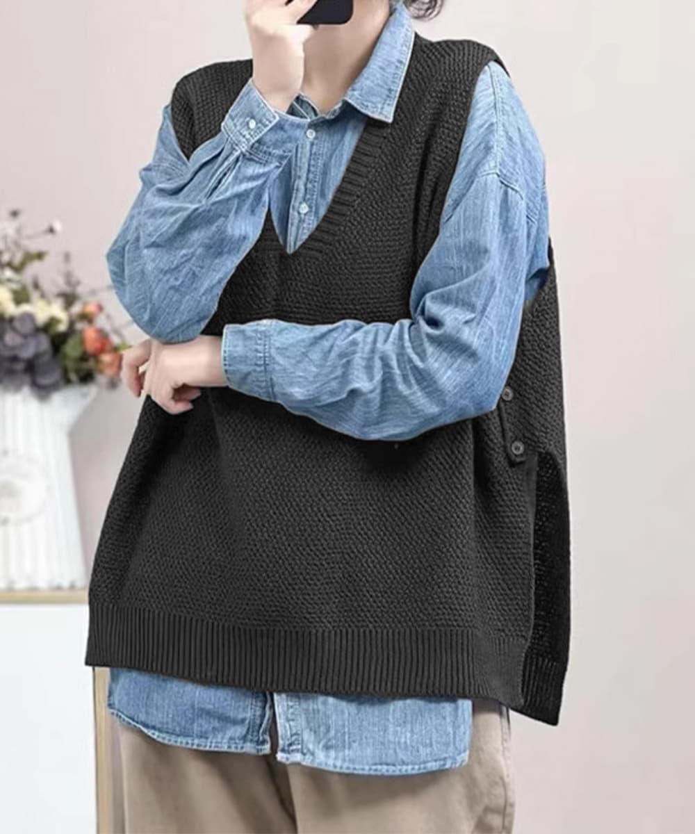 カジュアルコーデ Vネック サイドスリット ニットベスト ゆったり