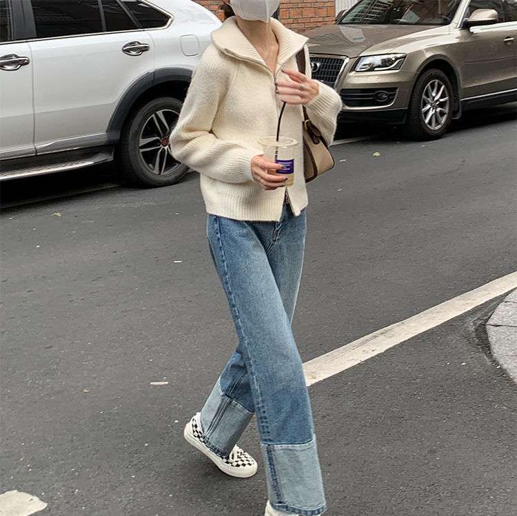 カジュアルコーデ  裾切り替えワイドデニムパンツ