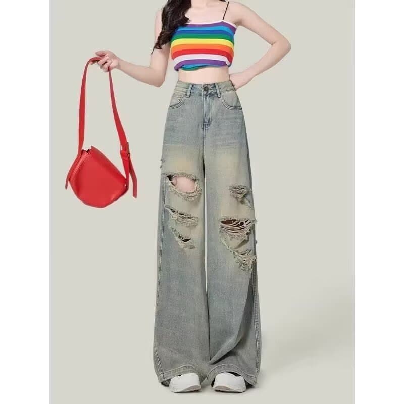 カジュアルコーデ カジュアルコーデ ダメージ加工ワイドデニムパンツ
