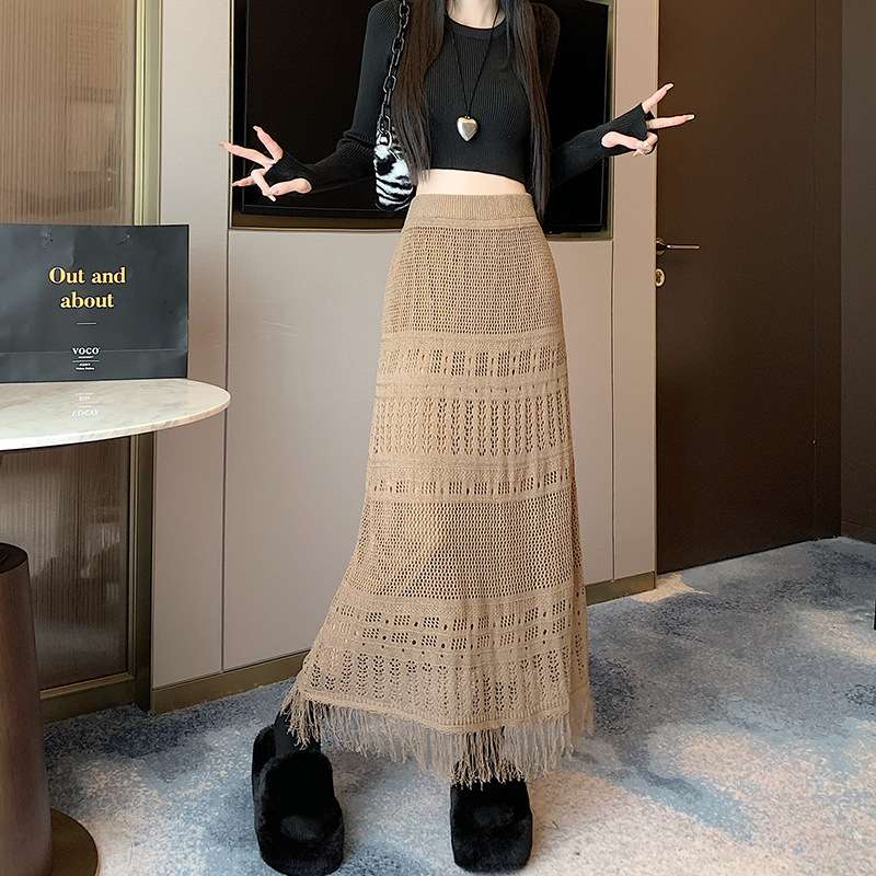 カジュアルコーデ  かぎ針編みロングマキシスカート
