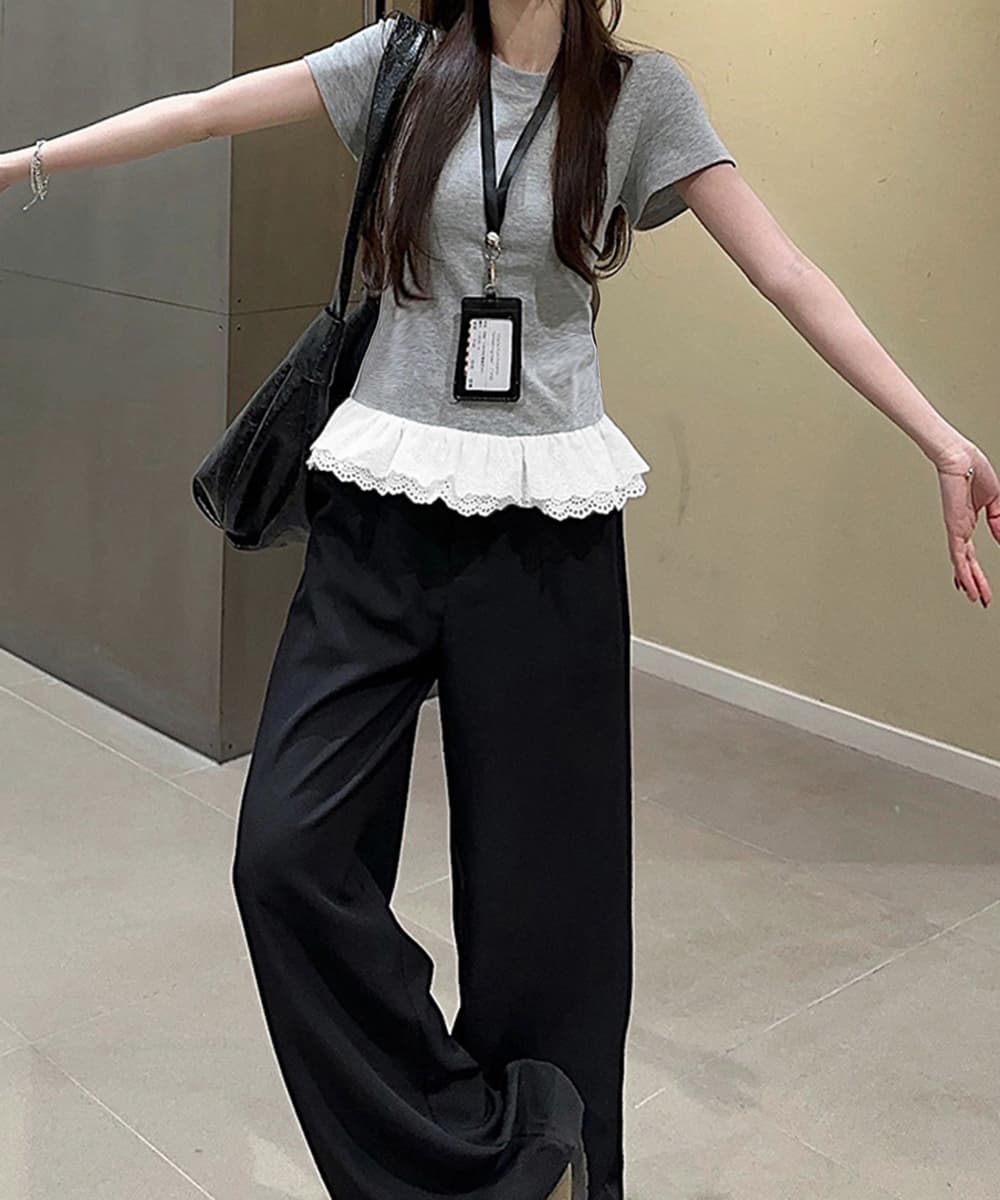 カジュアルコーデ 裾レース切替 半袖トップス カジュアル夏服