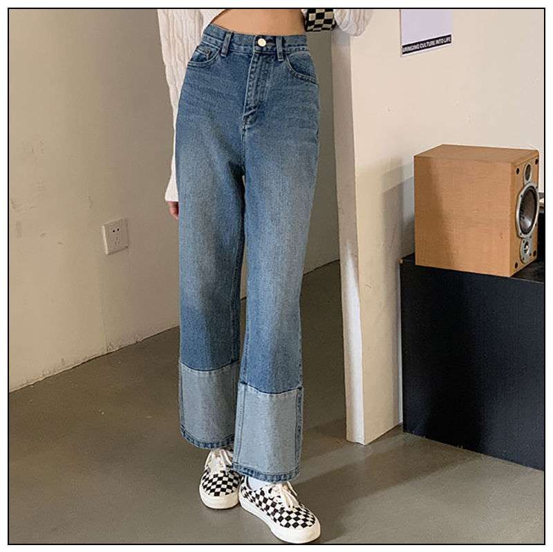 カジュアルコーデ  裾切り替えワイドデニムパンツ