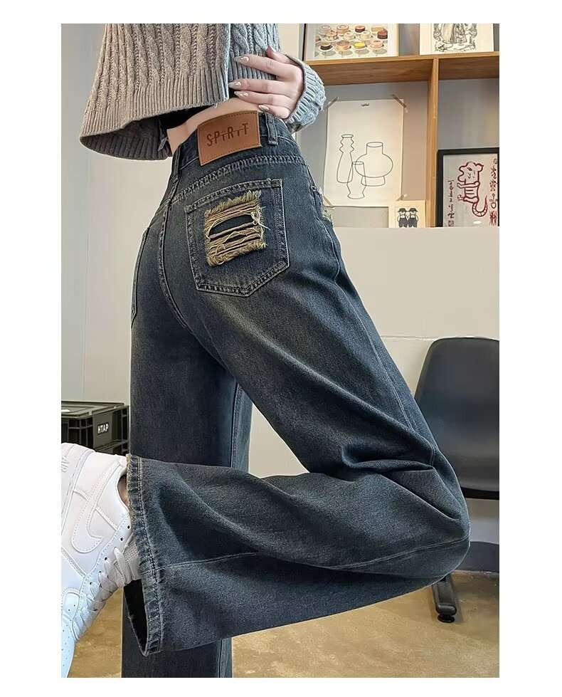 カジュアルコーデ  ヴィンテージ風ダメージ加工ワイドデニムパンツ