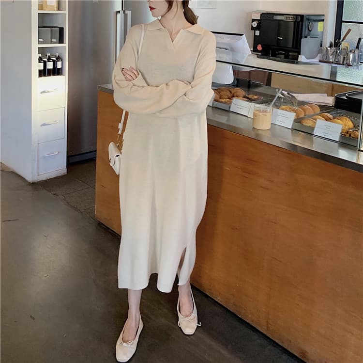 カジュアルコーデ ニットワンピース 長袖 ロング丈 体型カバー ゆったり