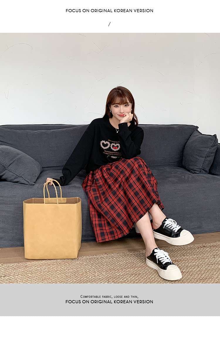 カジュアルコーデ  レトロチェック柄プリーツロングスカート