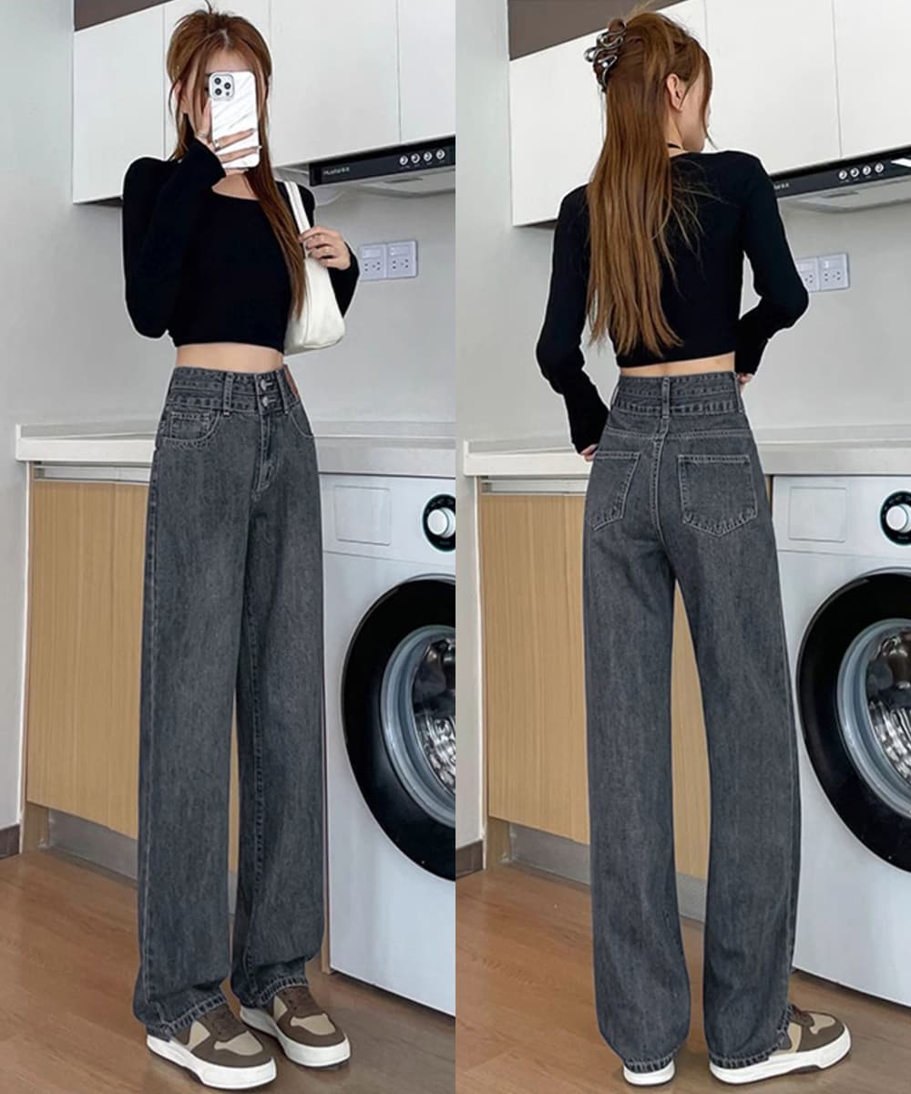 カジュアルコーデ ダブルボタンデニム　ハイウエストデニムパンツ