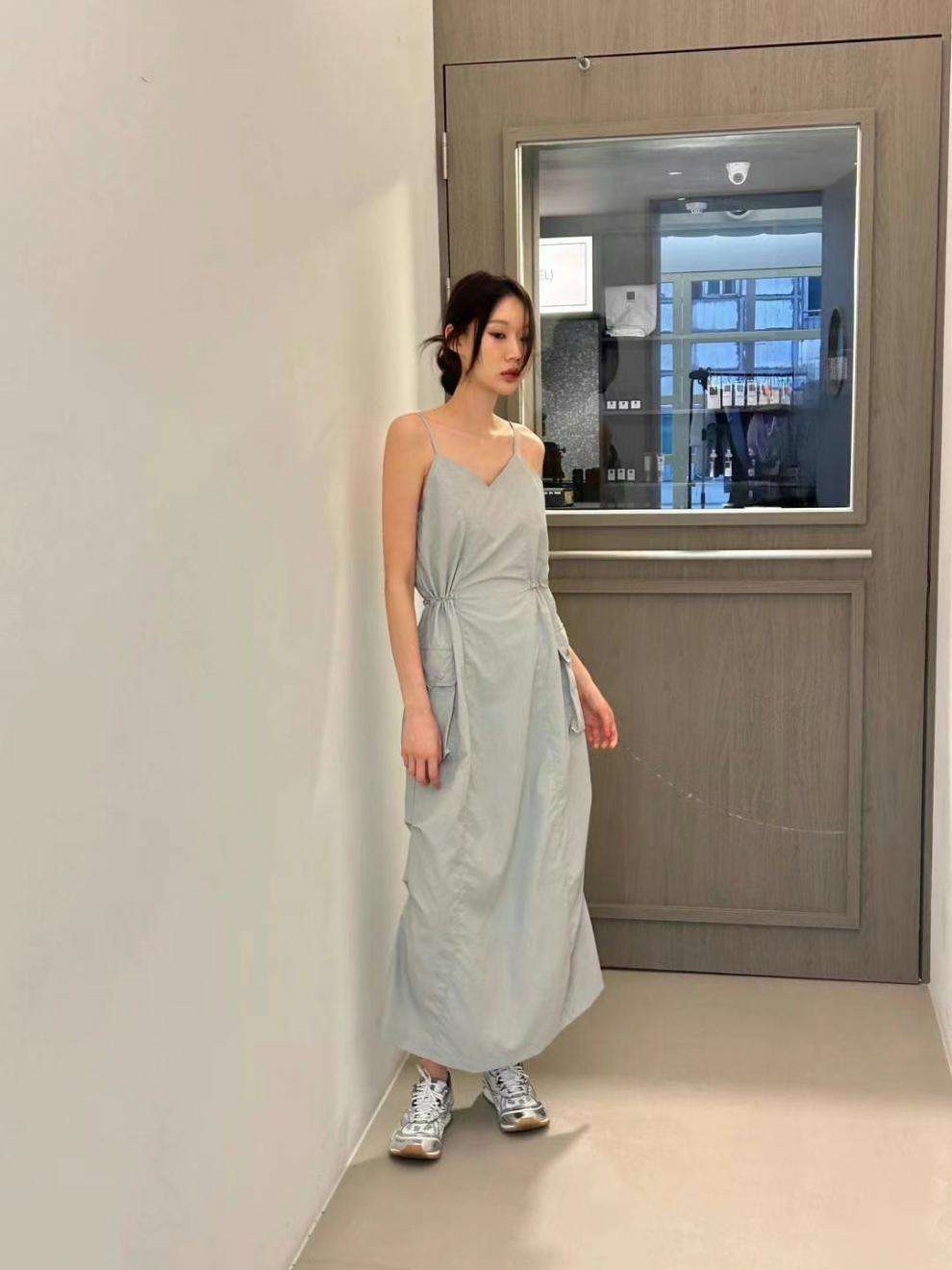 カジュアルコーデ  ウエストリボン付きキャミロングワンピース