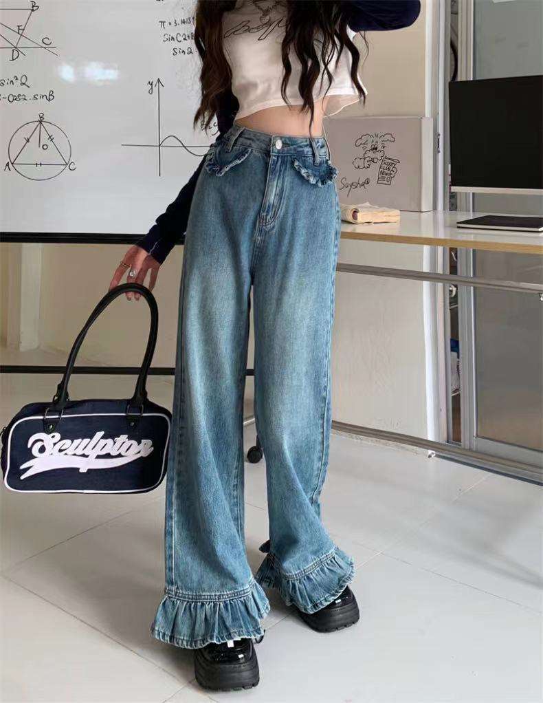 カジュアルコーデ  フリルデザイン ワイドデニムパンツ