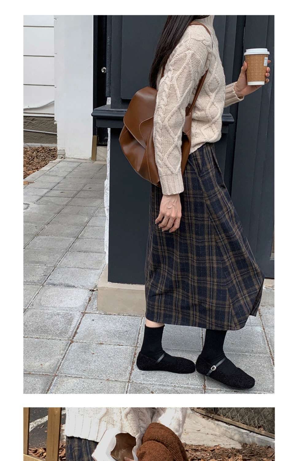 カジュアルコーデ レトロチェックロングスカート