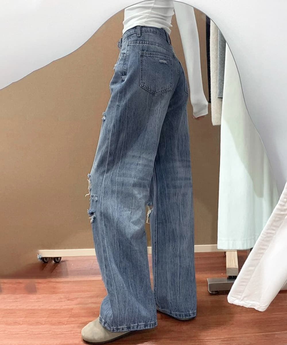 カジュアルコーデ ダメージ加工ワイド脚長デニムパンツ