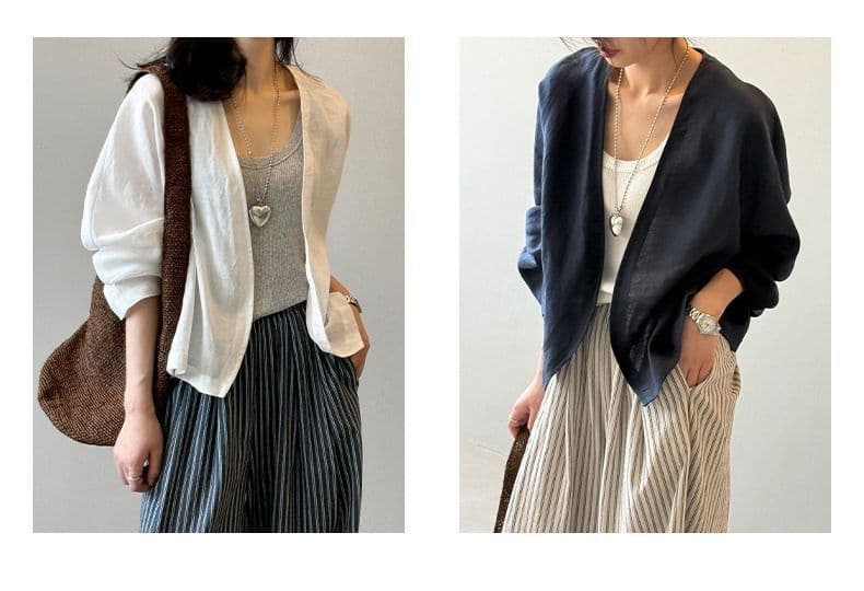 カジュアルコーデ 春夏 綿麻 薄手 ノーカラージャケット レディース