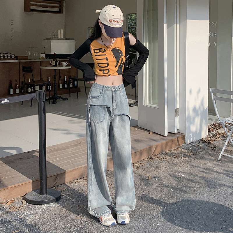 カジュアルコーデ  ルーズフィットダメージ加工ワイドデニム