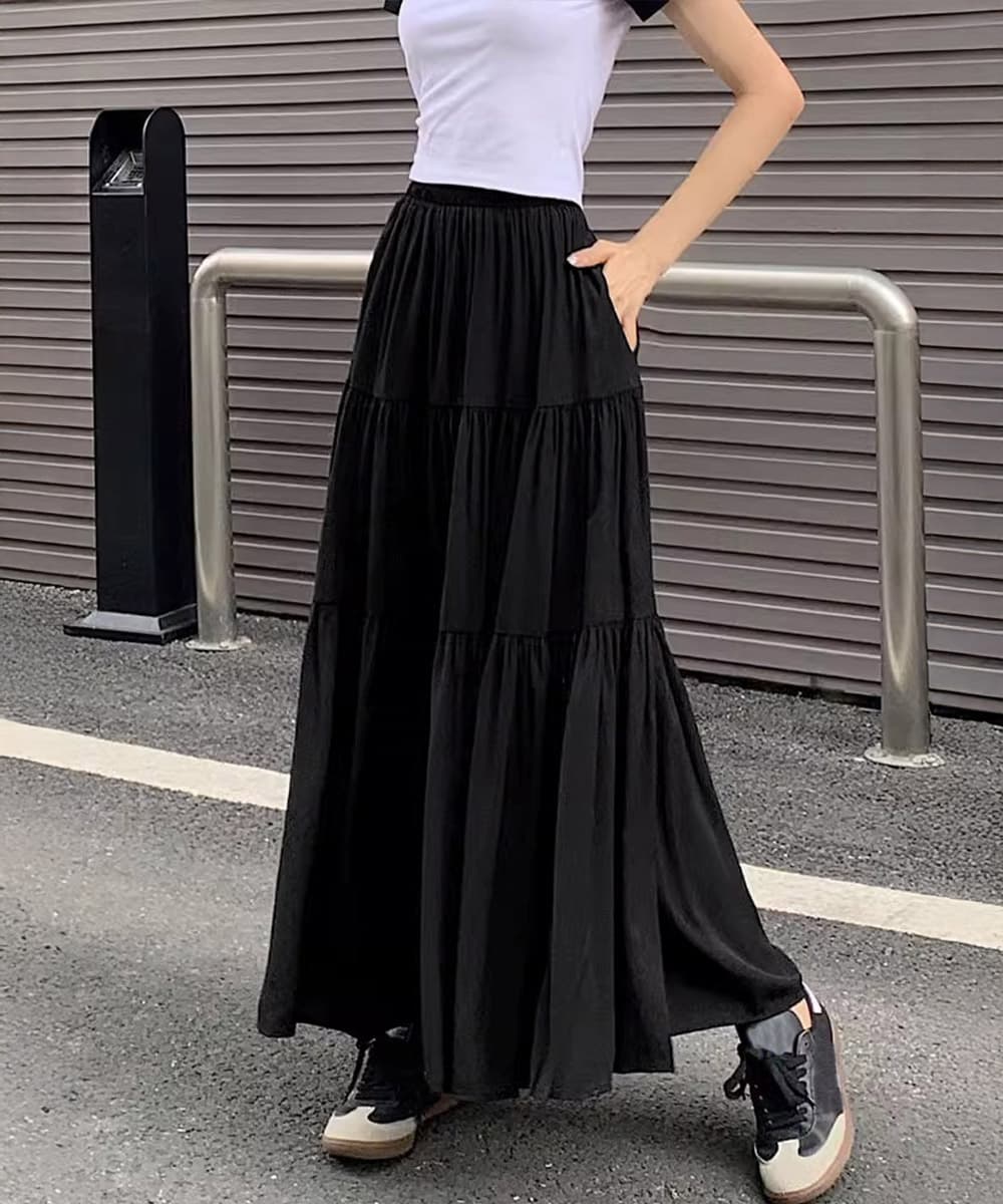 カジュアルコーデ ティアードマキシスカート 春夏 体型カバー