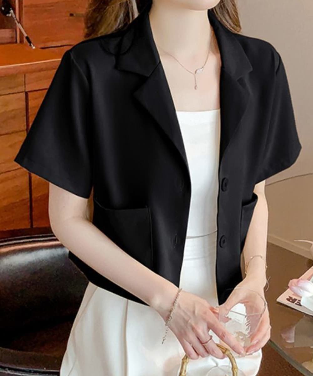 カジュアルコーデ 半袖テーラードジャケット薄手夏用軽量羽織り