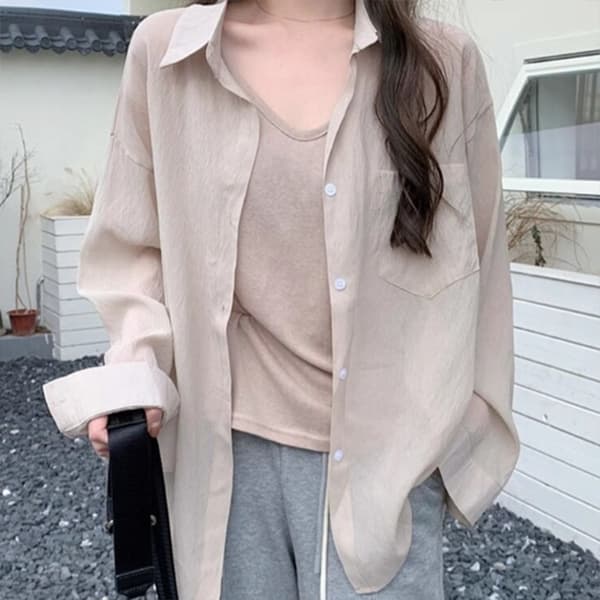 カジュアルコーデ 透け感シャツ 羽織り ゆったり 体型カバー 薄手 無地 襟付き