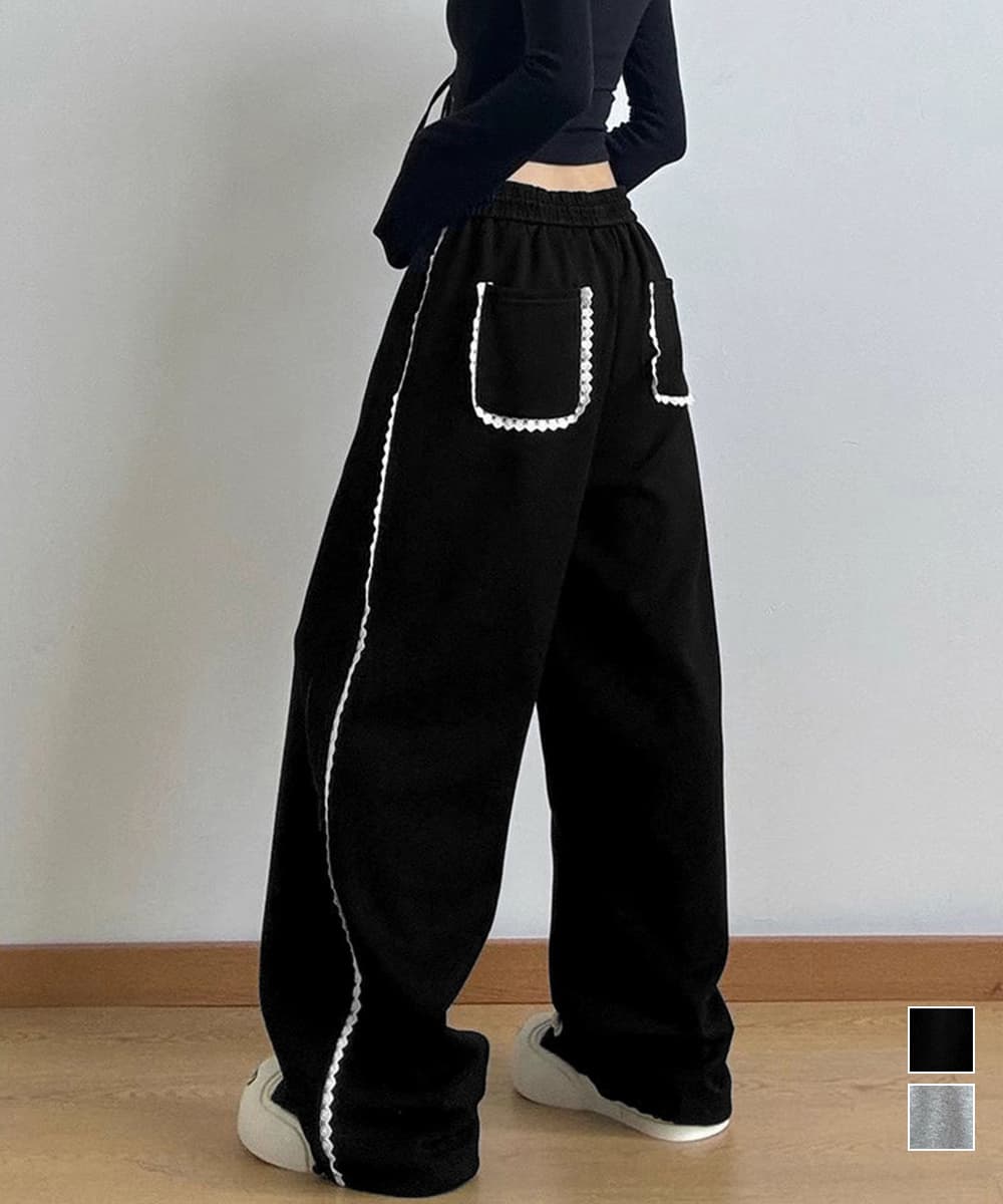 カジュアルコーデ レース装飾スウェットパンツ 女性用ゆったりパンツ