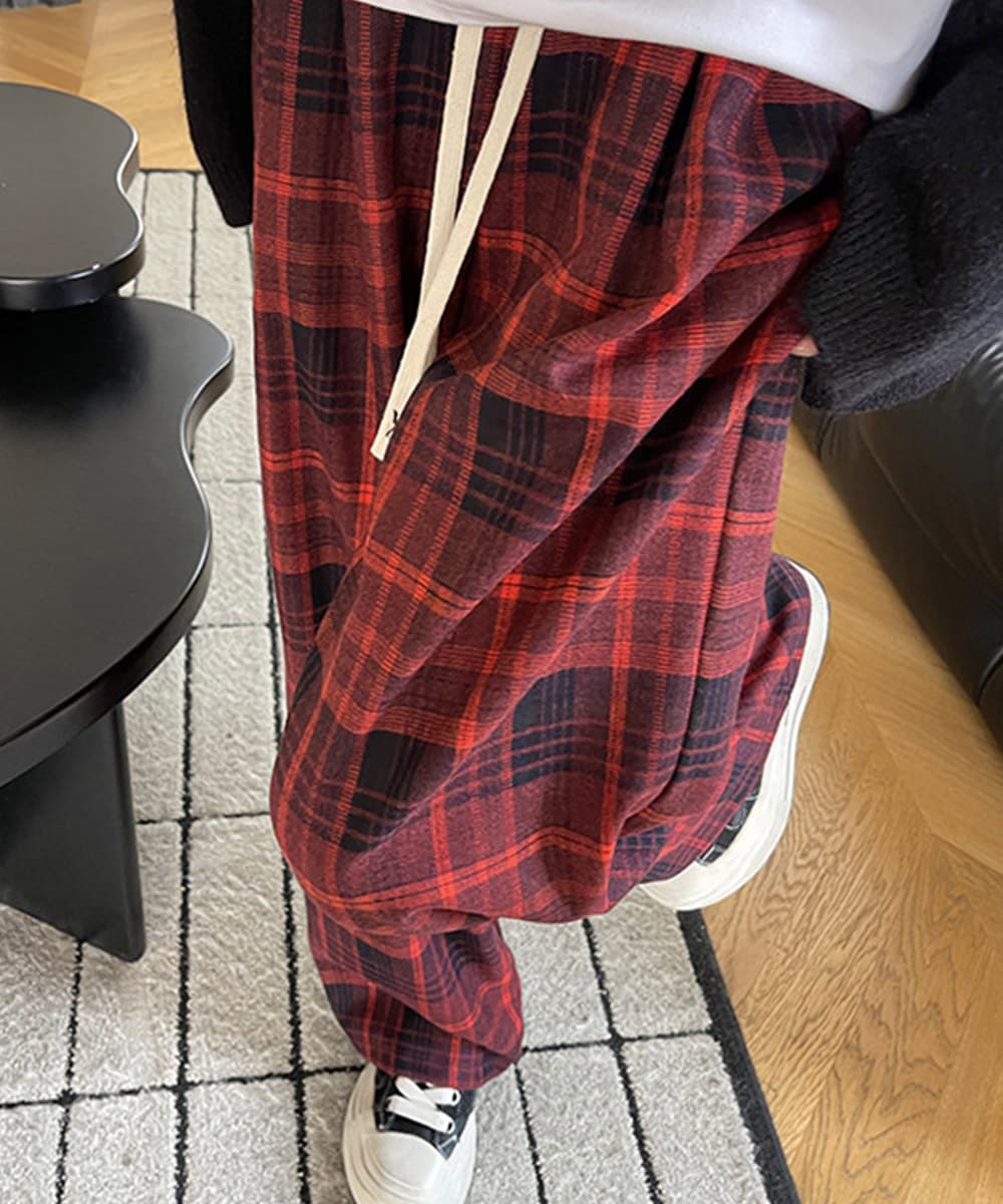 カジュアルコーデ チェック柄ハイウエストワイドパンツ体型カバー