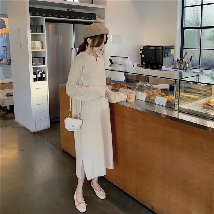 カジュアルコーデ ニットワンピース 長袖 ロング丈 体型カバー ゆったり