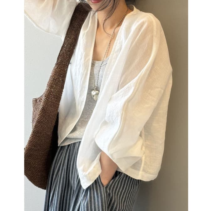 カジュアルコーデ 春夏 綿麻 薄手 ノーカラージャケット レディース