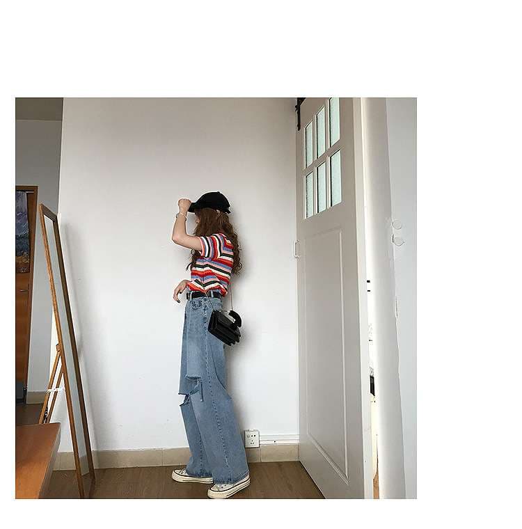 カジュアルコーデ  ゆったりダメージ加工ワイドデニムパンツ