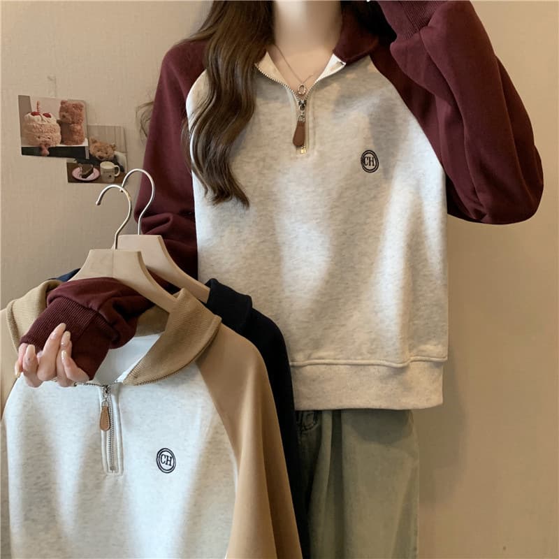 カジュアルコーデ 女性用長袖配色スウェット ハーフジップ おしゃれトップス