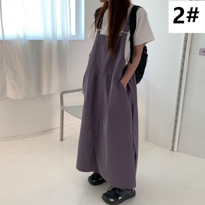 カジュアルコーデ 夏 サロペット ロングワンピース 体型カバー レディース