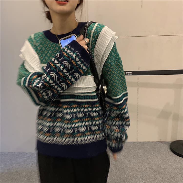 カジュアルコーデ レトロ学院風ニット 厚手セーター ゆったり幾何学柄