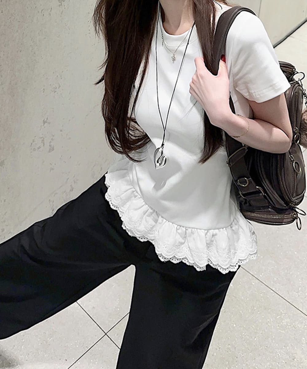 カジュアルコーデ 裾レース切替 半袖トップス カジュアル夏服
