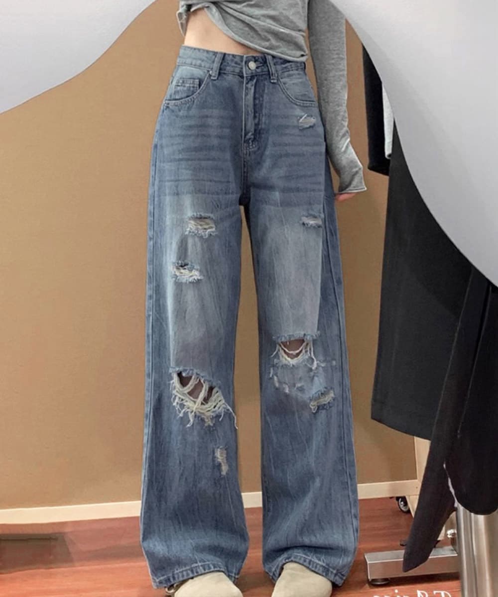 カジュアルコーデ ダメージ加工ワイド脚長デニムパンツ