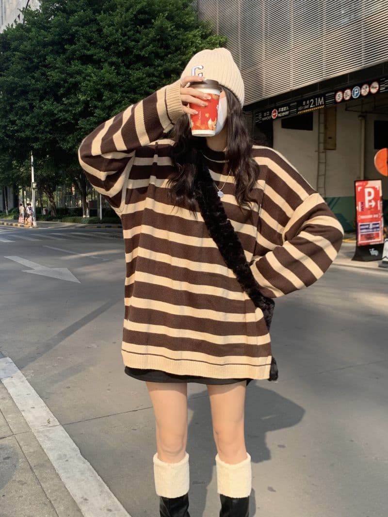 カジュアルコーデ レトロ配色ボーダーニット ゆったりラウンドネックセーター