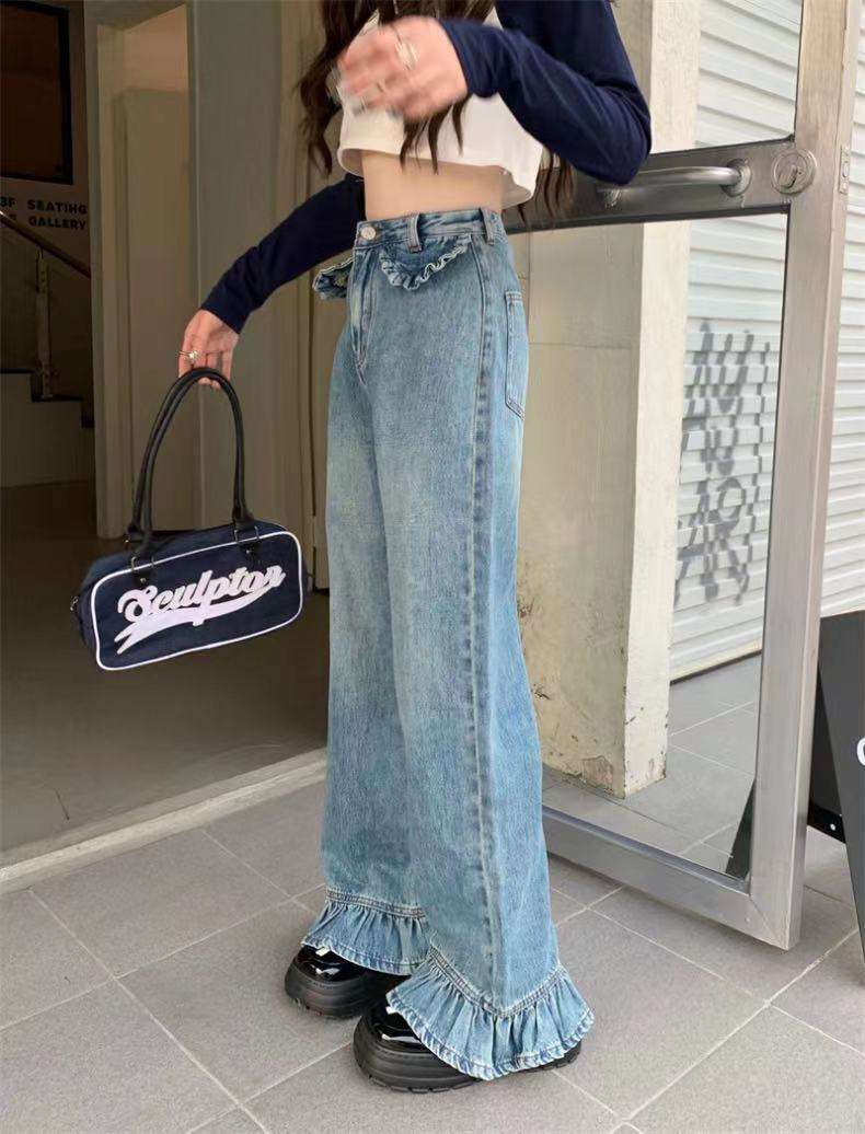 カジュアルコーデ  フリルデザイン ワイドデニムパンツ
