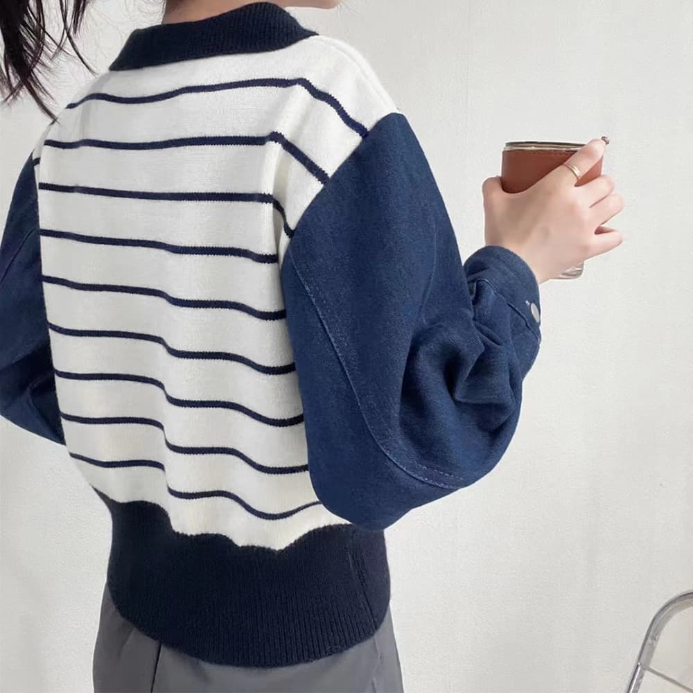 カジュアルコーデ ボーダーポロニット デニム切り替え 秋冬
