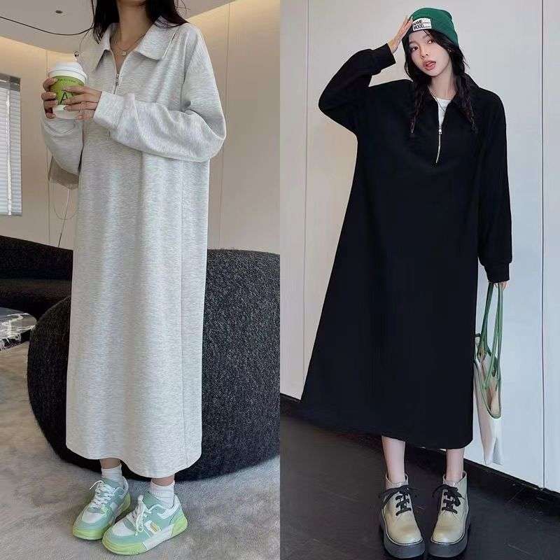 カジュアルコーデ  ゆったりジップアップロングワンピース