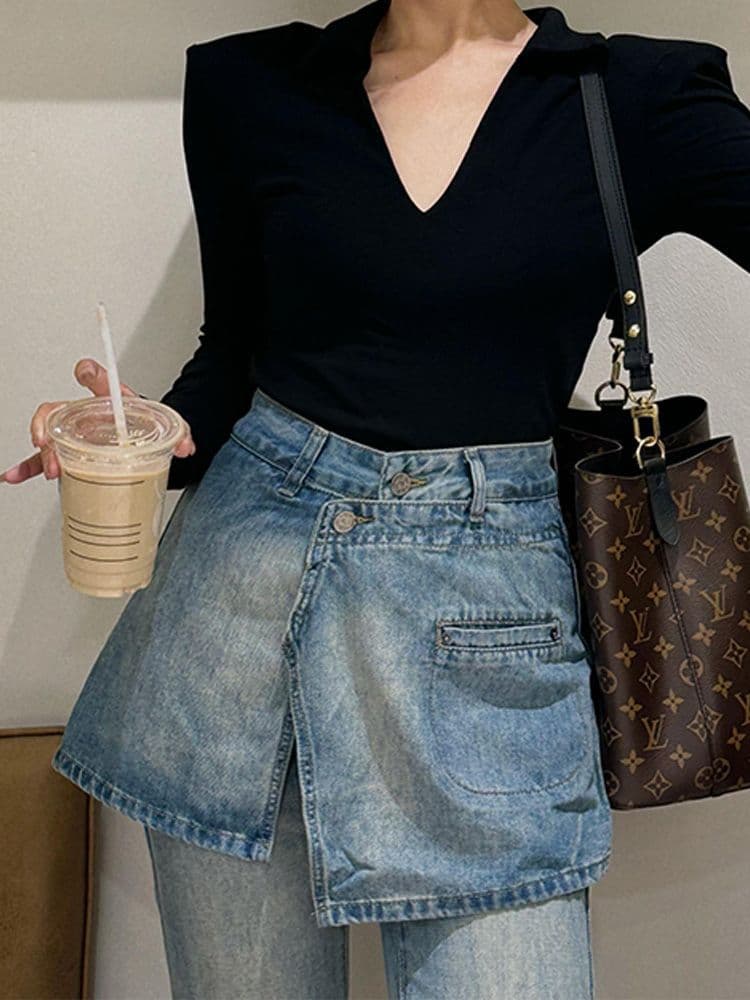 カジュアルコーデ レイヤード風デニムスカートパンツ